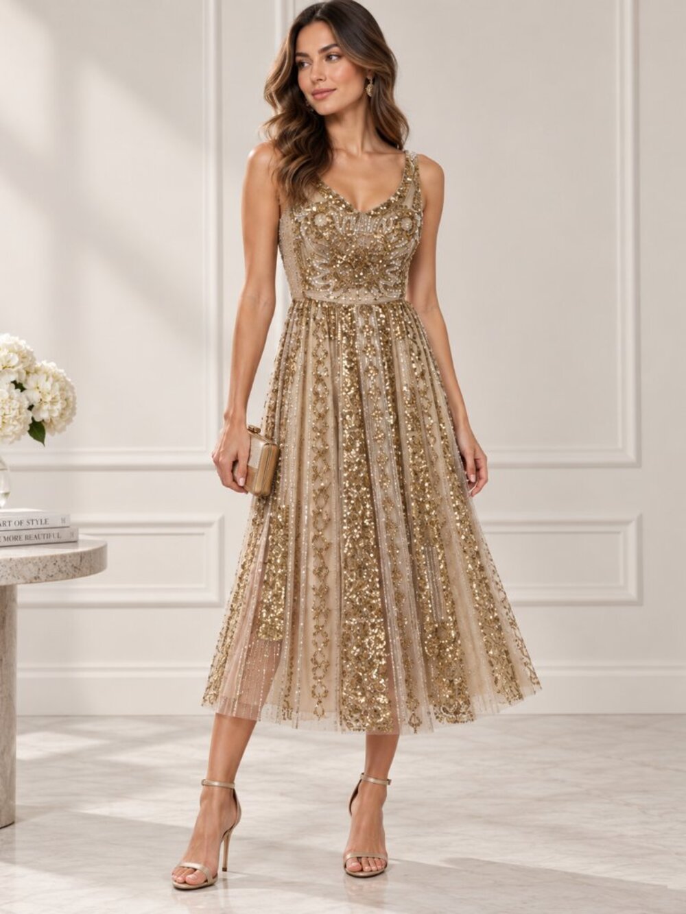 Valentino Gold Sequin Embellished V-Neck Midi Dress Size M